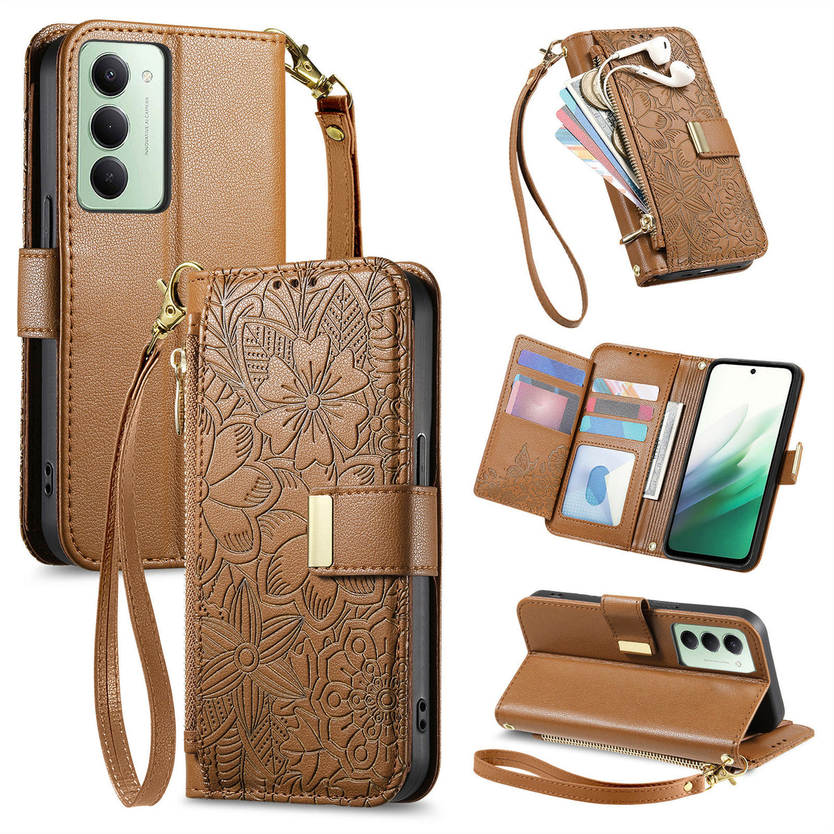 For Xiaomi Redmi 15 5G (EU) (171mm) / Xiaomi Redmi 15C 4G (Global) (171mm) / Xiaomi Redmi 15 4G (EU) (171mm) Case Floral Leaf Pattern Multi Card Slots Zipper Leather Phone Cover with Wrist Strap