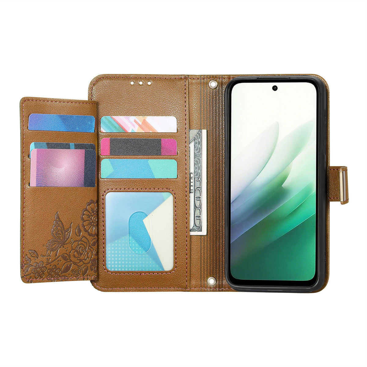 For Xiaomi Redmi 15 5G (EU) (171mm) / Xiaomi Redmi 15C 4G (Global) (171mm) / Xiaomi Redmi 15 4G (EU) (171mm) Case Floral Leaf Pattern Multi Card Slots Zipper Leather Phone Cover with Wrist Strap