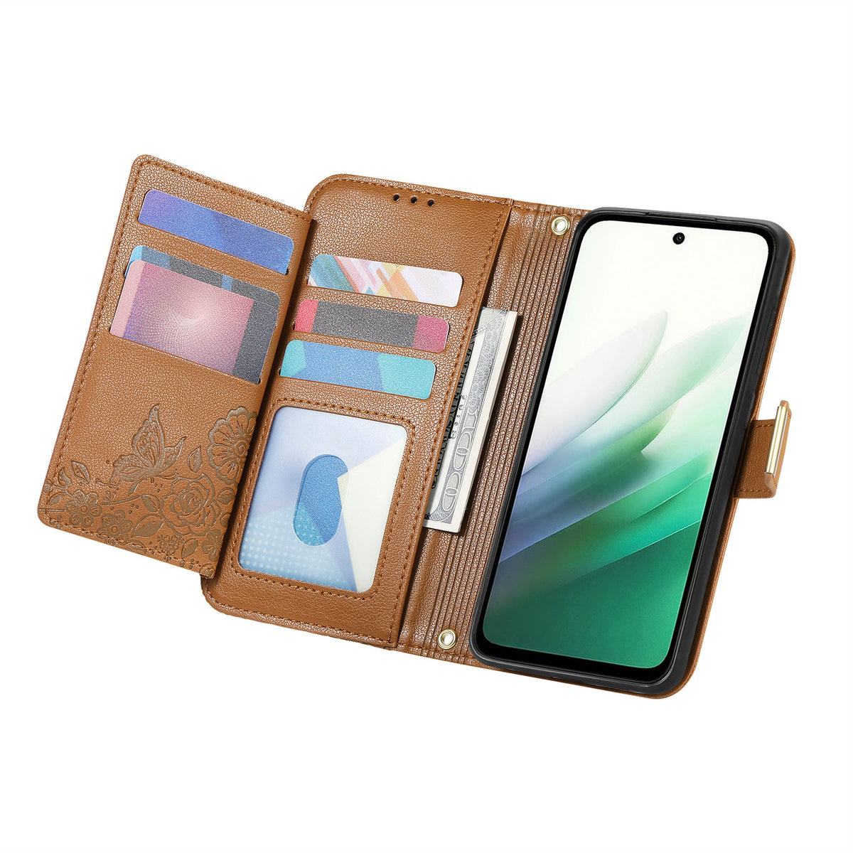 For Xiaomi Redmi 15 5G (EU) (171mm) / Xiaomi Redmi 15C 4G (Global) (171mm) / Xiaomi Redmi 15 4G (EU) (171mm) Case Floral Leaf Pattern Multi Card Slots Zipper Leather Phone Cover with Wrist Strap