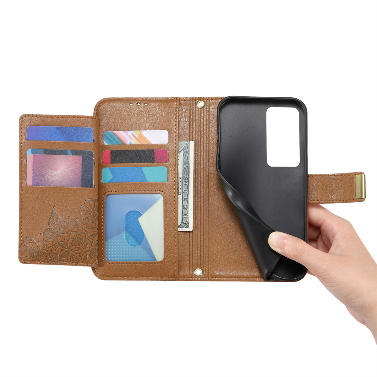 For Xiaomi Redmi 15 5G (EU) (171mm) / Xiaomi Redmi 15C 4G (Global) (171mm) / Xiaomi Redmi 15 4G (EU) (171mm) Case Floral Leaf Pattern Multi Card Slots Zipper Leather Phone Cover with Wrist Strap
