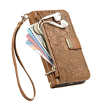 For Xiaomi Redmi 15 5G (EU) (171mm) / Xiaomi Redmi 15C 4G (Global) (171mm) / Xiaomi Redmi 15 4G (EU) (171mm) Case Floral Leaf Pattern Multi Card Slots Zipper Leather Phone Cover with Wrist Strap