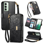 For Xiaomi Redmi 15 5G (EU) (171mm) / Xiaomi Redmi 15C 4G (Global) (171mm) / Xiaomi Redmi 15 4G (EU) (171mm) Case Floral Leaf Pattern Multi Card Slots Zipper Leather Phone Cover with Wrist Strap