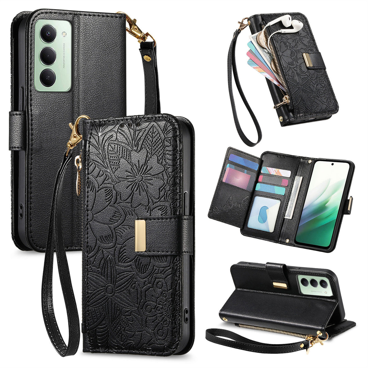 For Xiaomi Redmi 15 5G (EU) (171mm) / Xiaomi Redmi 15C 4G (Global) (171mm) / Xiaomi Redmi 15 4G (EU) (171mm) Case Floral Leaf Pattern Multi Card Slots Zipper Leather Phone Cover with Wrist Strap