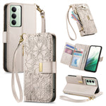 For Xiaomi Redmi 15 5G (EU) (171mm) / Xiaomi Redmi 15C 4G (Global) (171mm) / Xiaomi Redmi 15 4G (EU) (171mm) Case Floral Leaf Pattern Multi Card Slots Zipper Leather Phone Cover with Wrist Strap