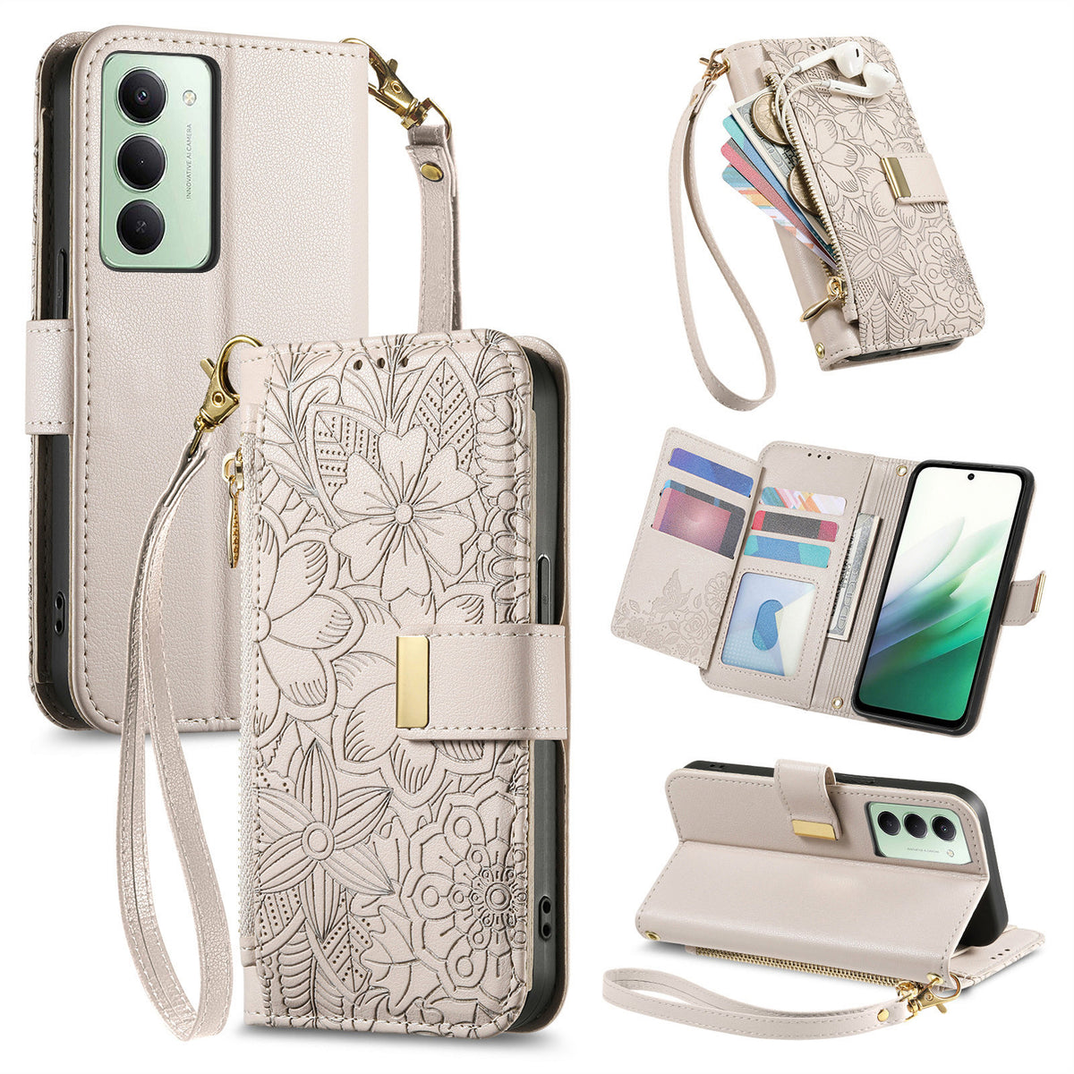 For Xiaomi Redmi 15 5G (EU) (171mm) / Xiaomi Redmi 15C 4G (Global) (171mm) / Xiaomi Redmi 15 4G (EU) (171mm) Case Floral Leaf Pattern Multi Card Slots Zipper Leather Phone Cover with Wrist Strap