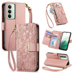 For Xiaomi Redmi 15 5G (EU) (171mm) / Xiaomi Redmi 15C 4G (Global) (171mm) / Xiaomi Redmi 15 4G (EU) (171mm) Case Floral Leaf Pattern Multi Card Slots Zipper Leather Phone Cover with Wrist Strap