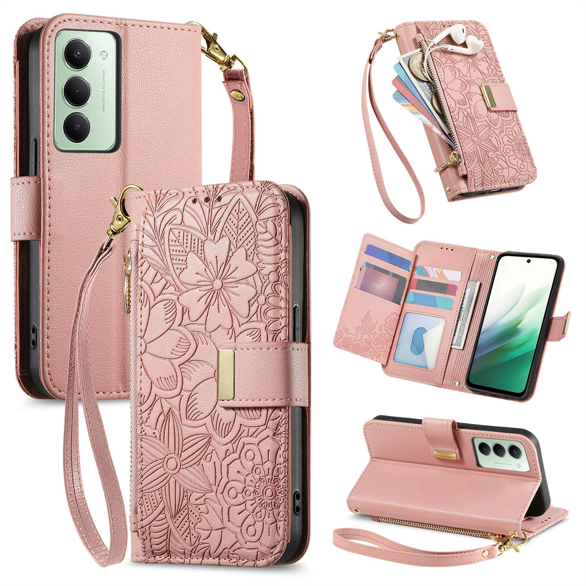 For Xiaomi Redmi 15 5G (EU) (171mm) / Xiaomi Redmi 15C 4G (Global) (171mm) / Xiaomi Redmi 15 4G (EU) (171mm) Case Floral Leaf Pattern Multi Card Slots Zipper Leather Phone Cover with Wrist Strap