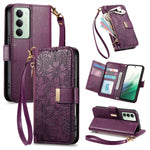 For Xiaomi Redmi 15 5G (EU) (171mm) / Xiaomi Redmi 15C 4G (Global) (171mm) / Xiaomi Redmi 15 4G (EU) (171mm) Case Floral Leaf Pattern Multi Card Slots Zipper Leather Phone Cover with Wrist Strap