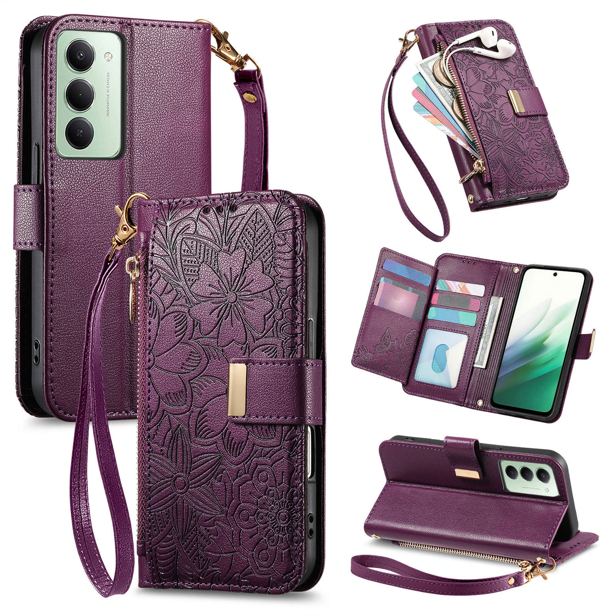 For Xiaomi Redmi 15 5G (EU) (171mm) / Xiaomi Redmi 15C 4G (Global) (171mm) / Xiaomi Redmi 15 4G (EU) (171mm) Case Floral Leaf Pattern Multi Card Slots Zipper Leather Phone Cover with Wrist Strap