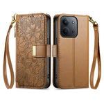 For Xiaomi Redmi 15C 5G (EU) (173mm) / Xiaomi Redmi 15C 4G (EU) (173mm) Case Floral Leaf Pattern Multi Card Slots Zipper Leather Phone Cover with Wrist Strap