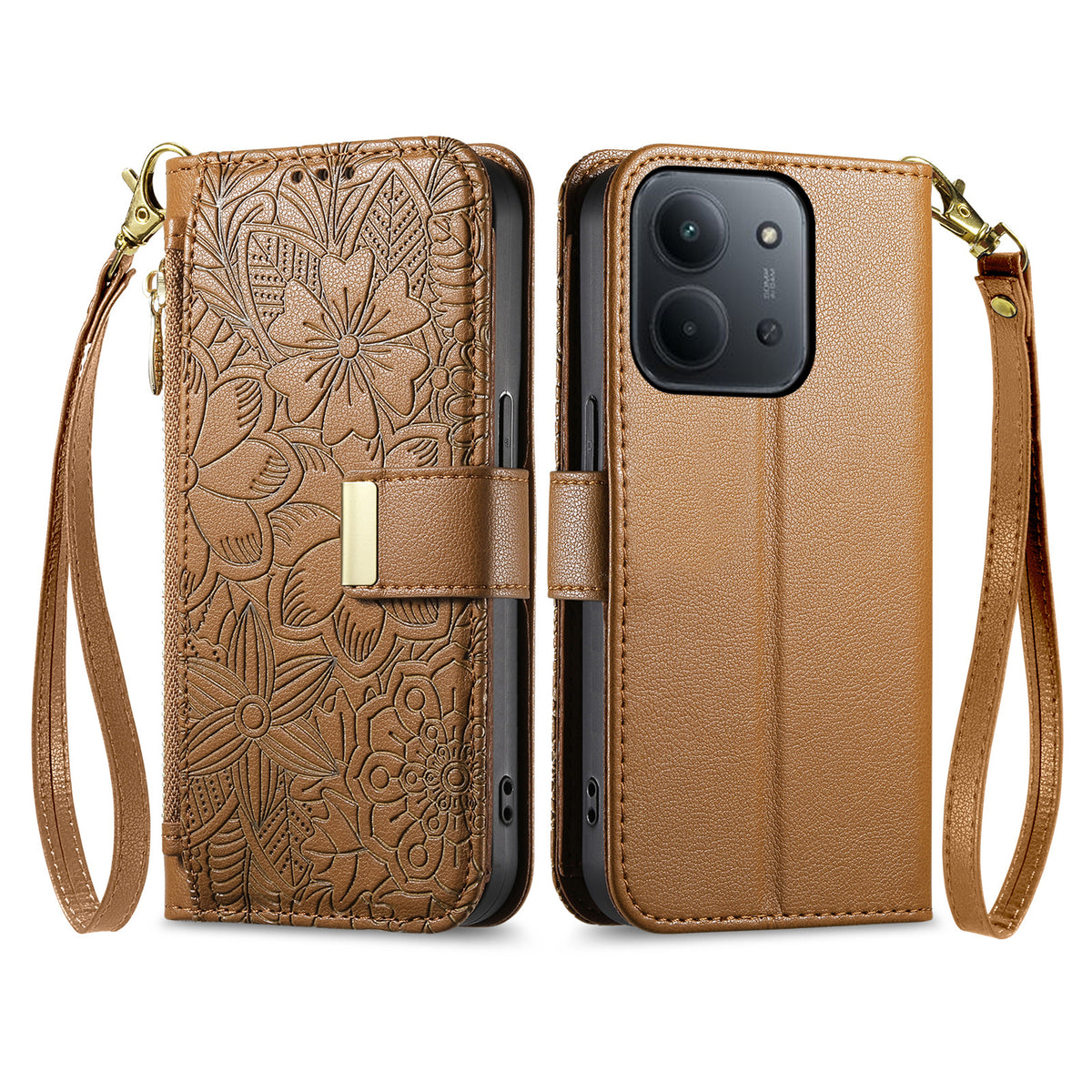 For Xiaomi Redmi 15C 5G (EU) (173mm) / Xiaomi Redmi 15C 4G (EU) (173mm) Case Floral Leaf Pattern Multi Card Slots Zipper Leather Phone Cover with Wrist Strap