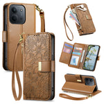 For Xiaomi Redmi 15C 5G (EU) (173mm) / Xiaomi Redmi 15C 4G (EU) (173mm) Case Floral Leaf Pattern Multi Card Slots Zipper Leather Phone Cover with Wrist Strap