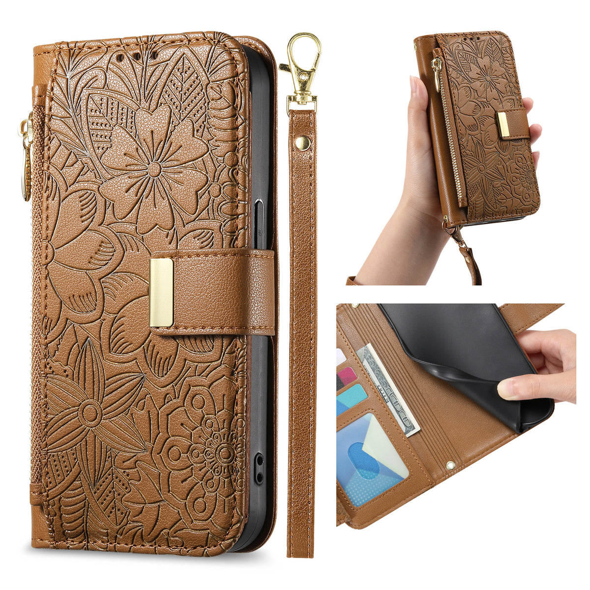 Xiaomi Redmi 15C 5G (EU) (173mm) / Xiaomi Redmi 15C 4G (EU) (173mm) lædermobilcover med blomstret bladmønster, flere kortlommer, lynlås og håndledsrem