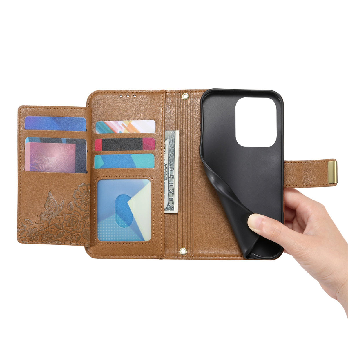 Xiaomi Redmi 15C 5G (EU) (173mm) / Xiaomi Redmi 15C 4G (EU) (173mm) lædermobilcover med blomstret bladmønster, flere kortlommer, lynlås og håndledsrem