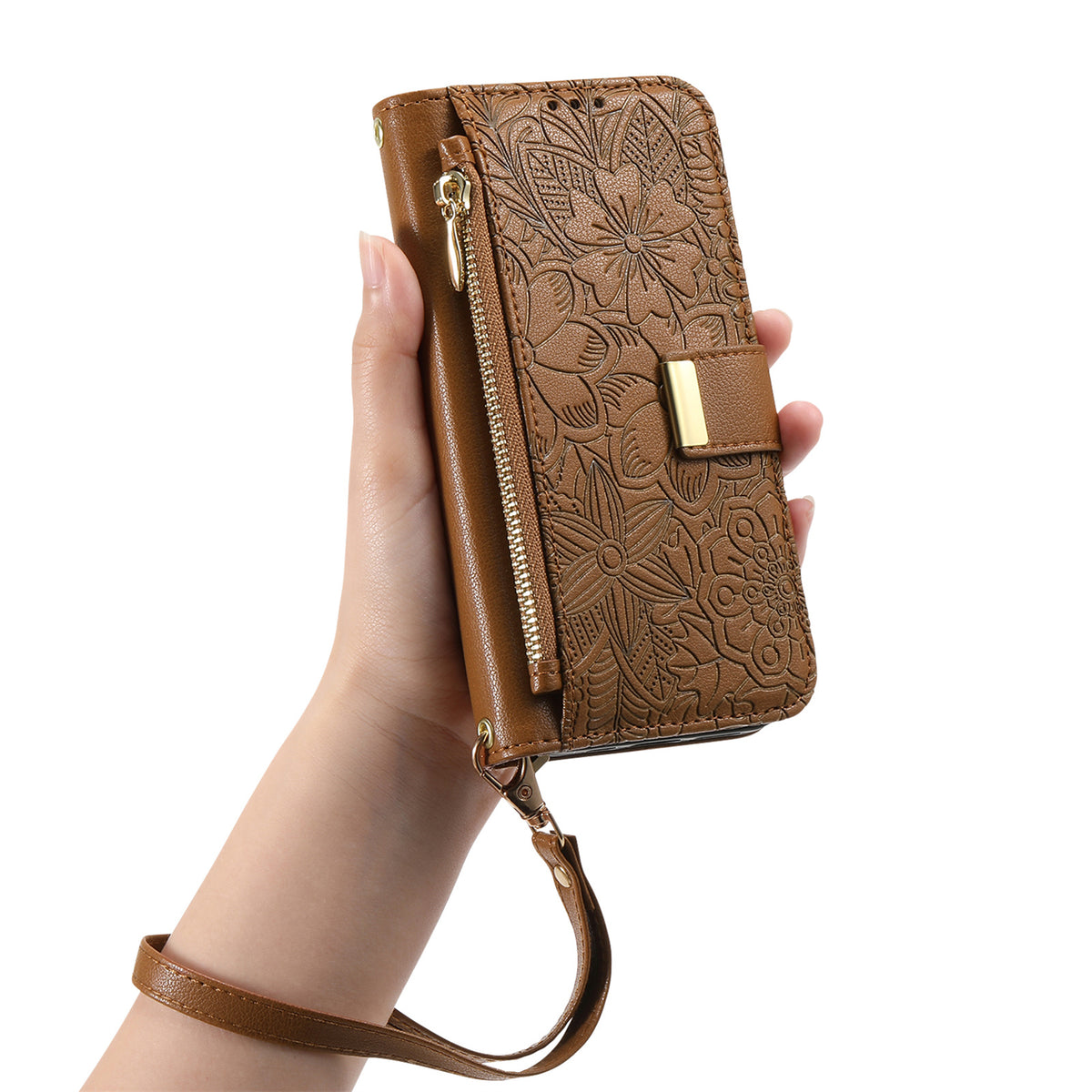 For Xiaomi Redmi 15C 5G (EU) (173mm) / Xiaomi Redmi 15C 4G (EU) (173mm) Case Floral Leaf Pattern Multi Card Slots Zipper Leather Phone Cover with Wrist Strap
