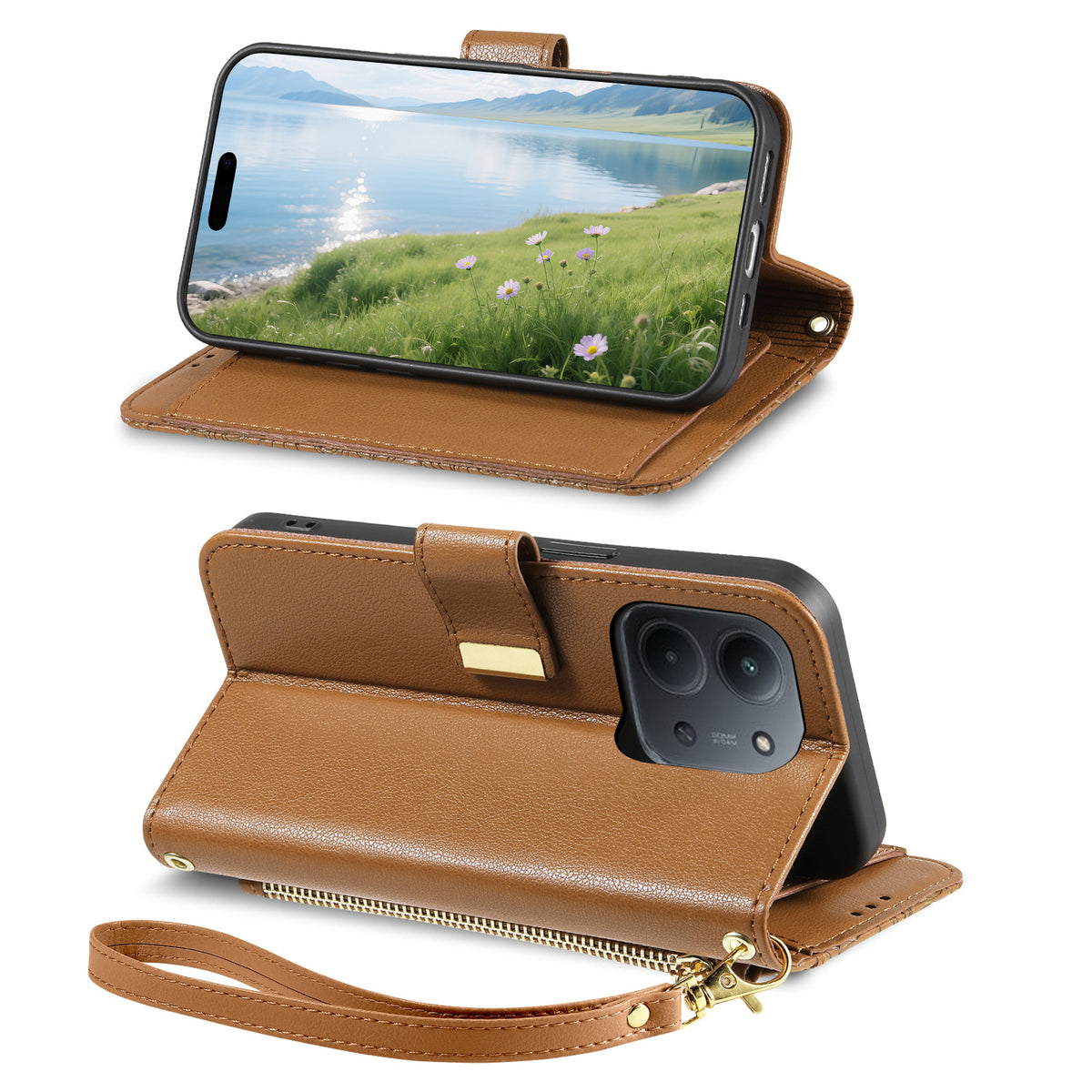 For Xiaomi Redmi 15C 5G (EU) (173mm) / Xiaomi Redmi 15C 4G (EU) (173mm) Case Floral Leaf Pattern Multi Card Slots Zipper Leather Phone Cover with Wrist Strap