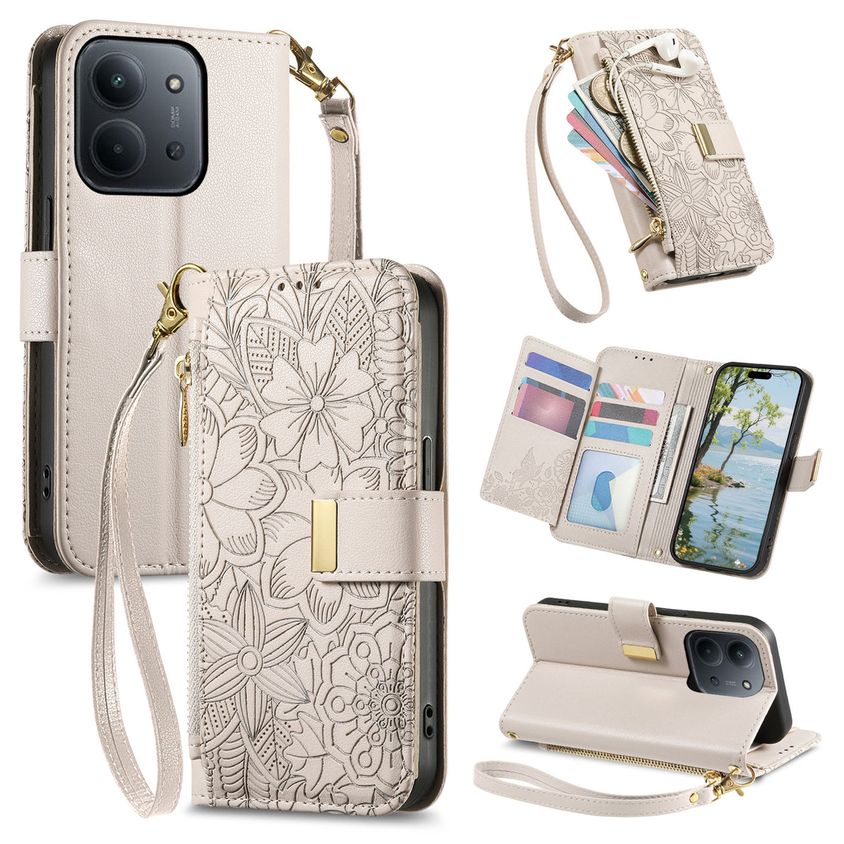 For Xiaomi Redmi 15C 5G (EU) (173mm) / Xiaomi Redmi 15C 4G (EU) (173mm) Case Floral Leaf Pattern Multi Card Slots Zipper Leather Phone Cover with Wrist Strap