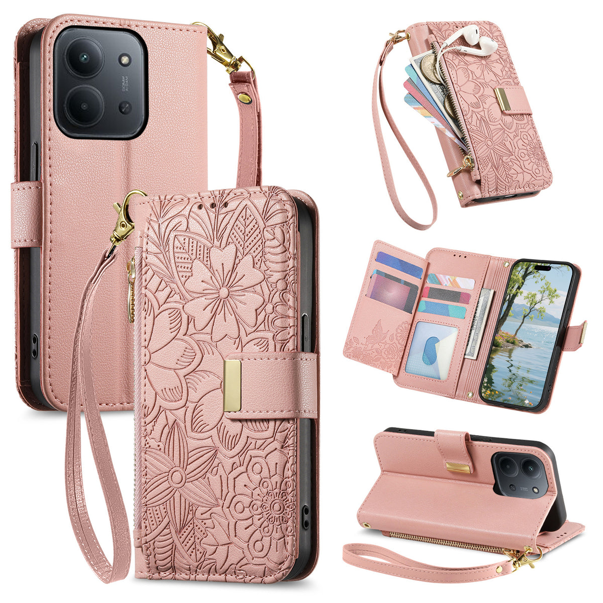For Xiaomi Redmi 15C 5G (EU) (173mm) / Xiaomi Redmi 15C 4G (EU) (173mm) Case Floral Leaf Pattern Multi Card Slots Zipper Leather Phone Cover with Wrist Strap