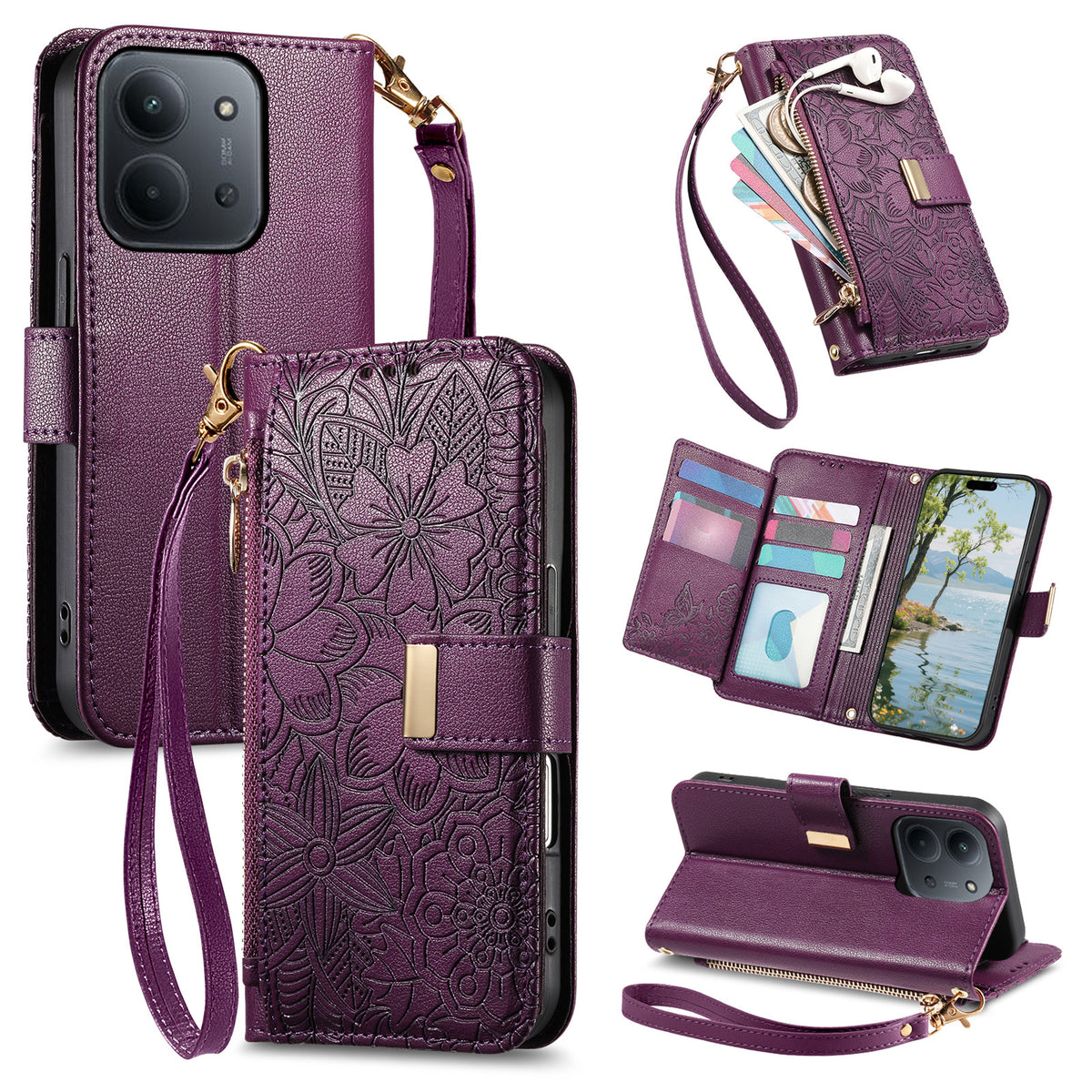 For Xiaomi Redmi 15C 5G (EU) (173mm) / Xiaomi Redmi 15C 4G (EU) (173mm) Case Floral Leaf Pattern Multi Card Slots Zipper Leather Phone Cover with Wrist Strap