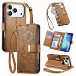 For iPhone 18 Pro / 17 Pro Case Floral Leaf Pattern Multi Card Slots Zipper Leather Phone Cover with Wrist Strap