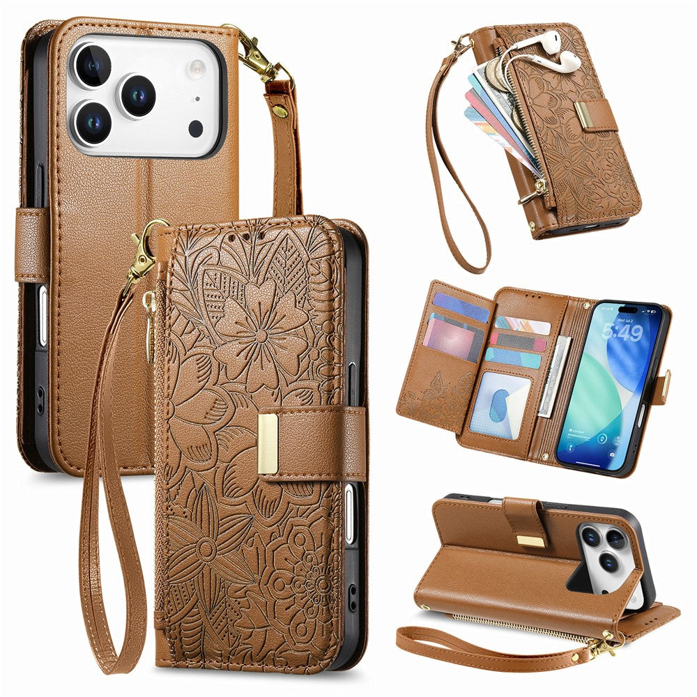 For iPhone 18 Pro / 17 Pro Case Floral Leaf Pattern Multi Card Slots Zipper Leather Phone Cover with Wrist Strap