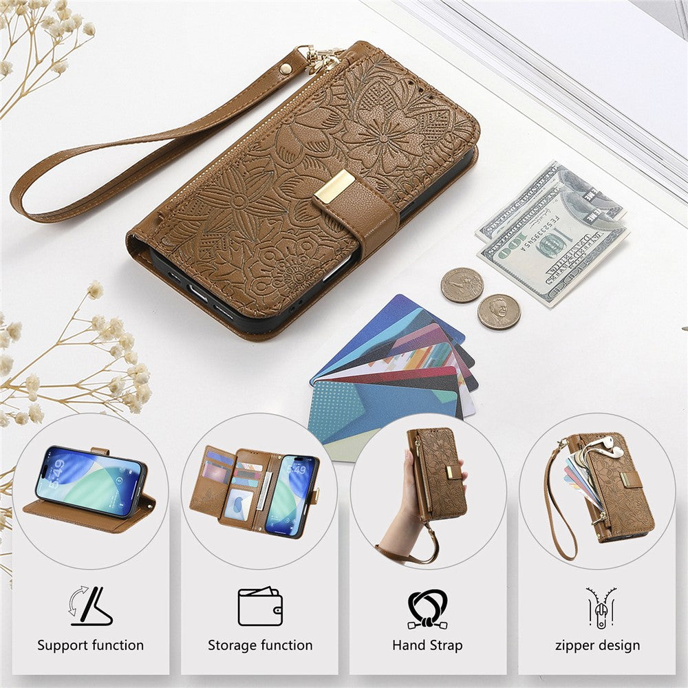 For iPhone 18 Pro / 17 Pro Case Floral Leaf Pattern Multi Card Slots Zipper Leather Phone Cover with Wrist Strap