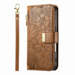 For iPhone 18 Pro / 17 Pro Case Floral Leaf Pattern Multi Card Slots Zipper Leather Phone Cover with Wrist Strap