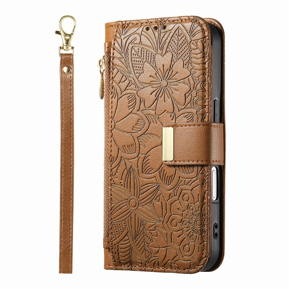 For iPhone 18 Pro / 17 Pro Case Floral Leaf Pattern Multi Card Slots Zipper Leather Phone Cover with Wrist Strap