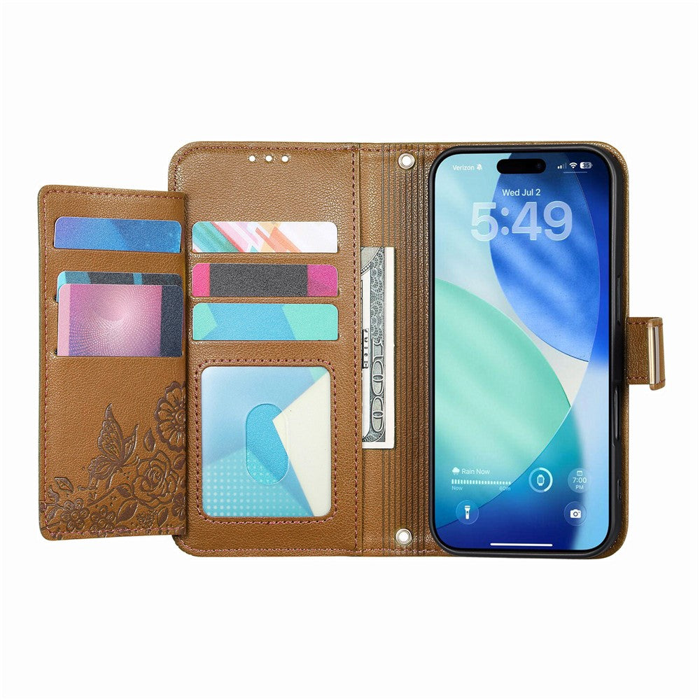 For iPhone 18 Pro / 17 Pro Case Floral Leaf Pattern Multi Card Slots Zipper Leather Phone Cover with Wrist Strap
