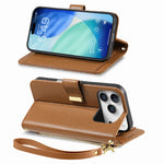 For iPhone 18 Pro / 17 Pro Case Floral Leaf Pattern Multi Card Slots Zipper Leather Phone Cover with Wrist Strap