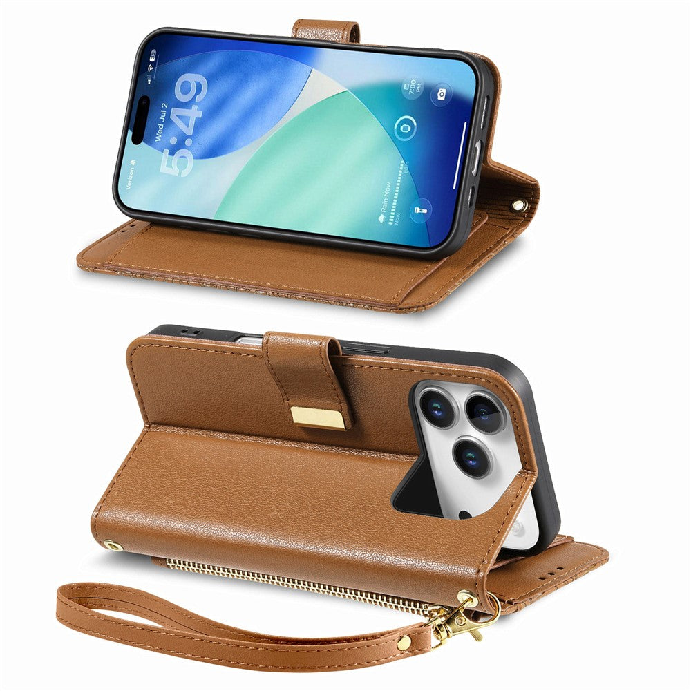 For iPhone 18 Pro / 17 Pro Case Floral Leaf Pattern Multi Card Slots Zipper Leather Phone Cover with Wrist Strap