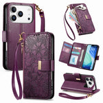For iPhone 18 Pro / 17 Pro Case Floral Leaf Pattern Multi Card Slots Zipper Leather Phone Cover with Wrist Strap