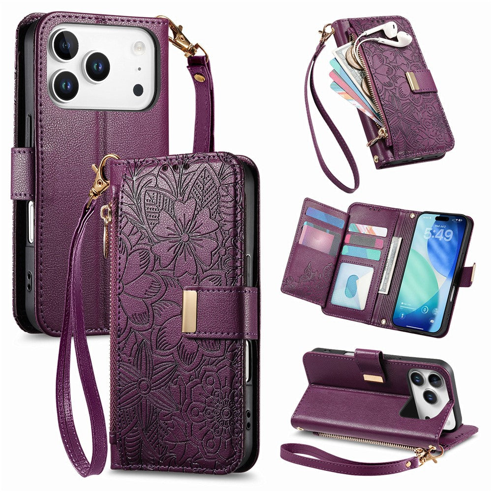 For iPhone 18 Pro / 17 Pro Case Floral Leaf Pattern Multi Card Slots Zipper Leather Phone Cover with Wrist Strap