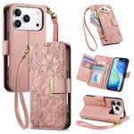 For iPhone 18 Pro / 17 Pro Case Floral Leaf Pattern Multi Card Slots Zipper Leather Phone Cover with Wrist Strap