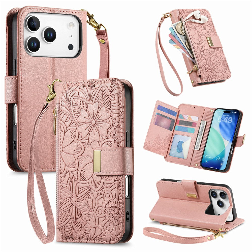 For iPhone 18 Pro / 17 Pro Case Floral Leaf Pattern Multi Card Slots Zipper Leather Phone Cover with Wrist Strap