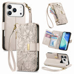 For iPhone 18 Pro / 17 Pro Case Floral Leaf Pattern Multi Card Slots Zipper Leather Phone Cover with Wrist Strap
