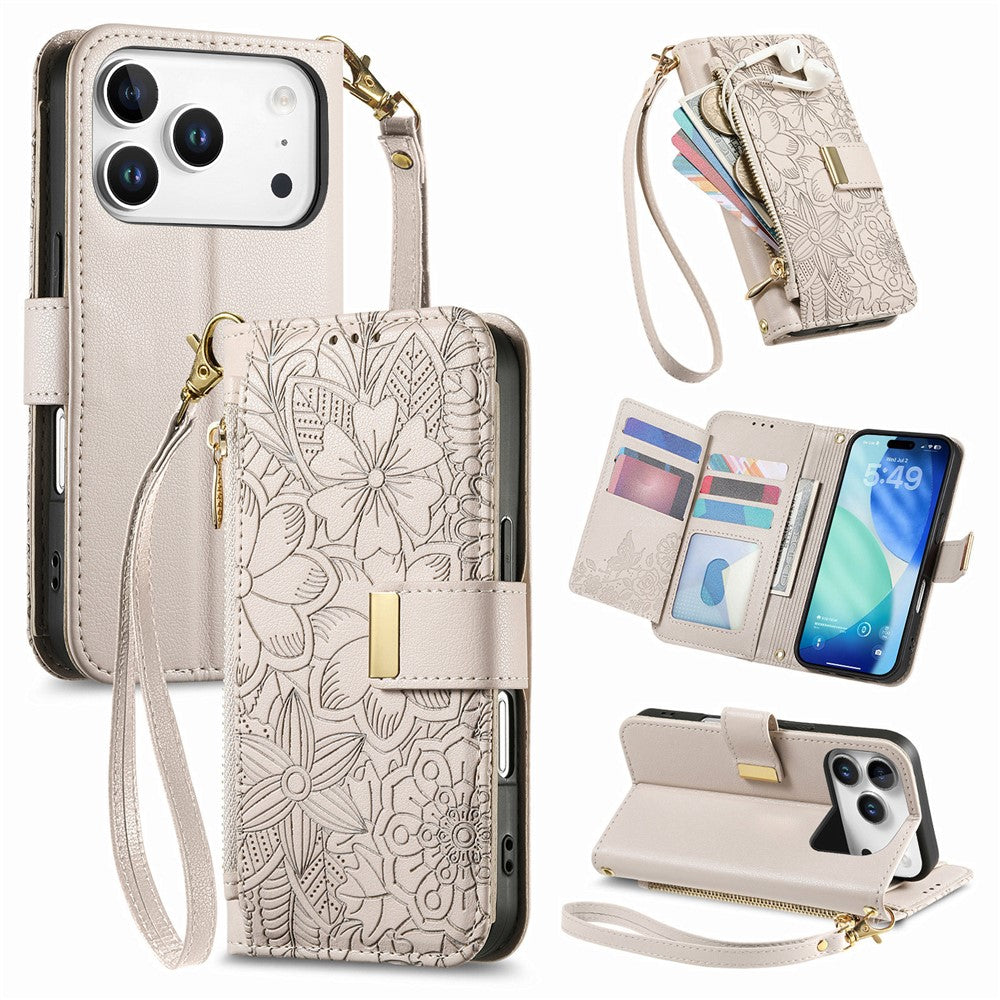 For iPhone 18 Pro / 17 Pro Case Floral Leaf Pattern Multi Card Slots Zipper Leather Phone Cover with Wrist Strap