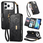 For iPhone 18 Pro / 17 Pro Case Floral Leaf Pattern Multi Card Slots Zipper Leather Phone Cover with Wrist Strap