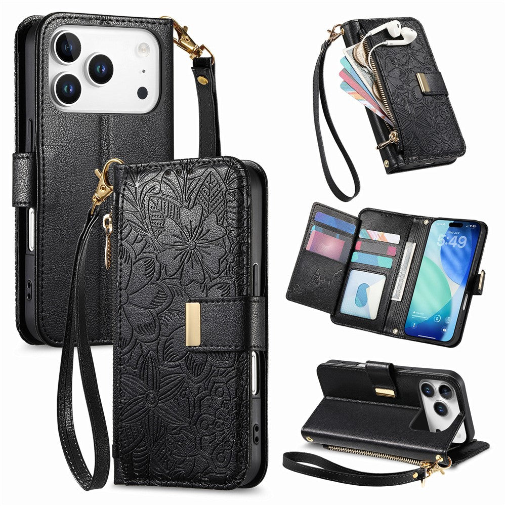 For iPhone 18 Pro / 17 Pro Case Floral Leaf Pattern Multi Card Slots Zipper Leather Phone Cover with Wrist Strap