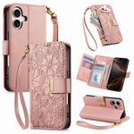 Til iPhone 17 Etui Blomsterbladsmønster Flere Kortpladser Lynlås Læder Telefoncover med Håndrem