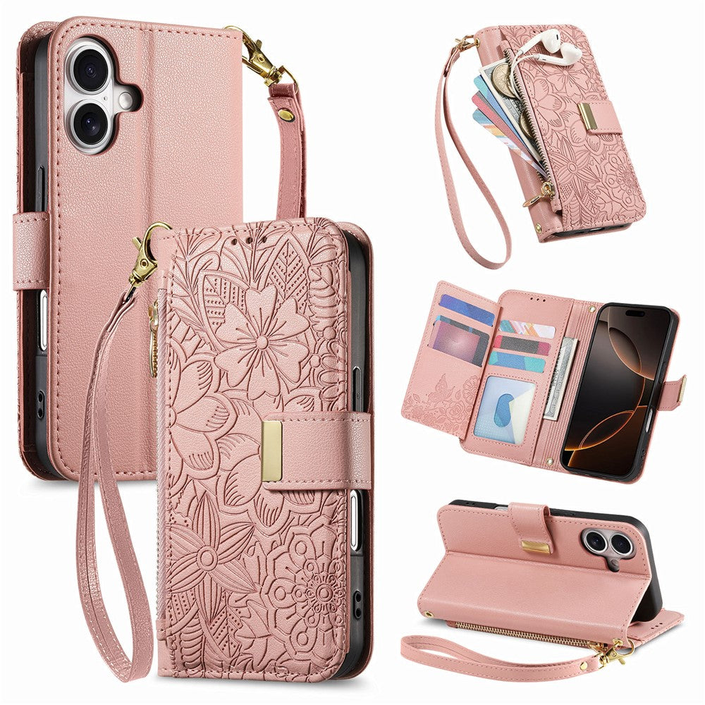 Til iPhone 17 Etui Blomsterbladsmønster Flere Kortpladser Lynlås Læder Telefoncover med Håndrem