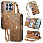 For Xiaomi Poco M8 Pro 5G / Redmi Note 15 Pro+ 5G (Global) Case Floral Leaf Pattern Multi Card Slots Zipper Leather Phone Cover with Wrist Strap