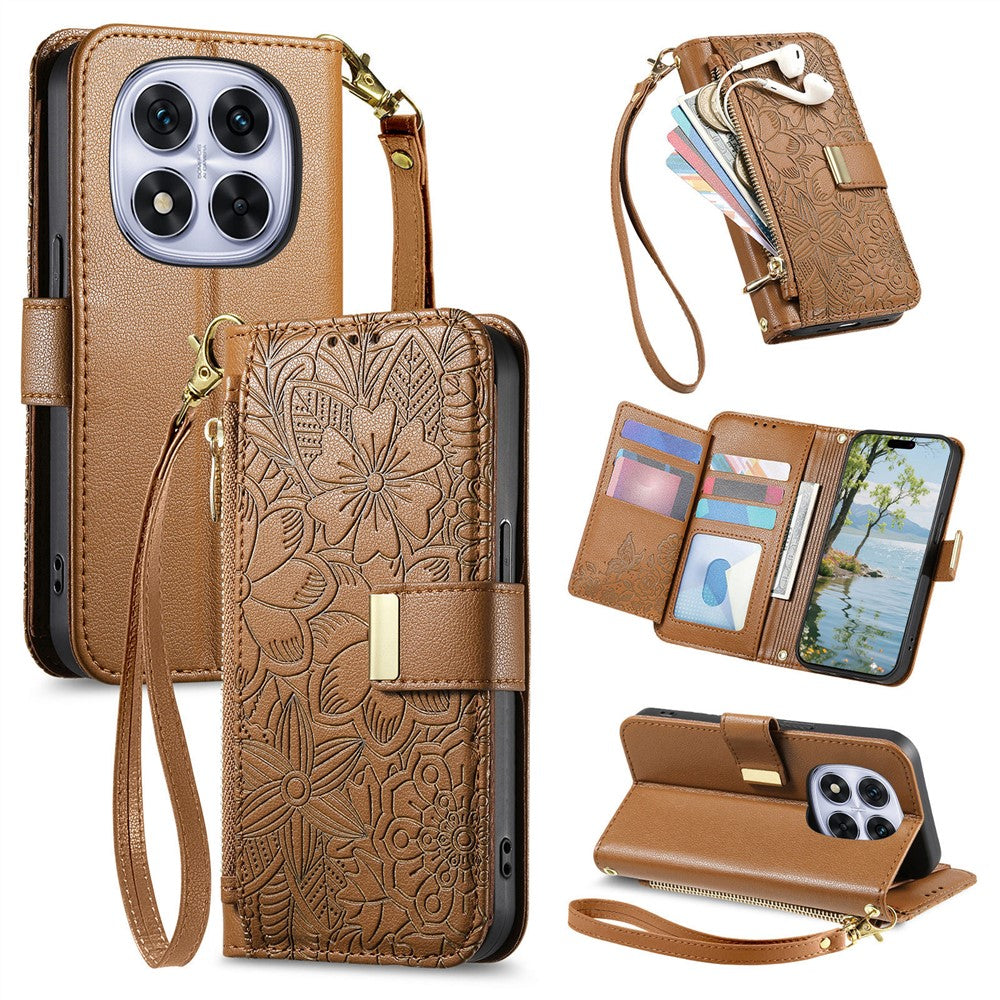 For Xiaomi Poco M8 Pro 5G / Redmi Note 15 Pro+ 5G (Global) Case Floral Leaf Pattern Multi Card Slots Zipper Leather Phone Cover with Wrist Strap