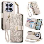 For Xiaomi Poco M8 Pro 5G / Redmi Note 15 Pro+ 5G (Global) Case Floral Leaf Pattern Multi Card Slots Zipper Leather Phone Cover with Wrist Strap