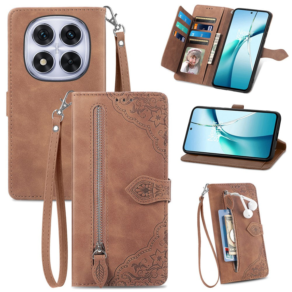 For Xiaomi Poco M8 Pro 5G / Redmi Note 15 Pro+ 5G (Global) Zipper Wallet Case with Strap Flower Imprint PU Leather Phone Cover