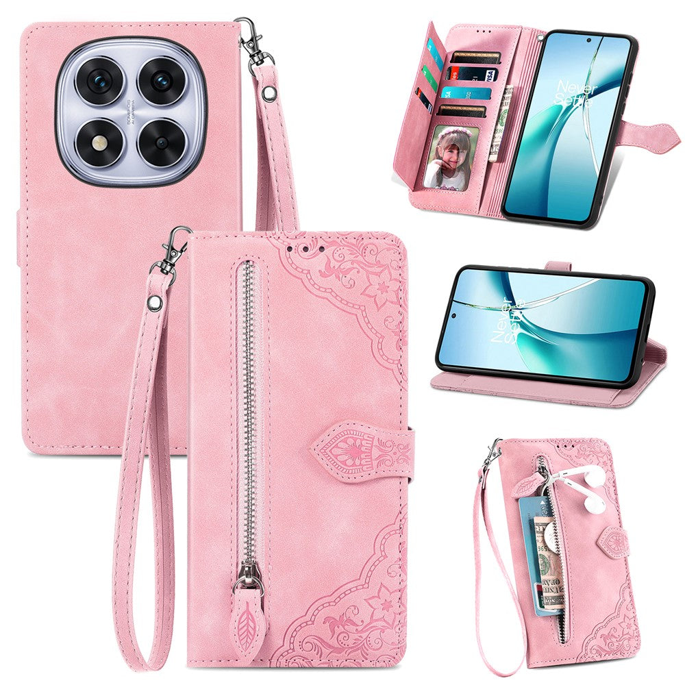 For Xiaomi Poco M8 Pro 5G / Redmi Note 15 Pro+ 5G (Global) Zipper Wallet Case with Strap Flower Imprint PU Leather Phone Cover