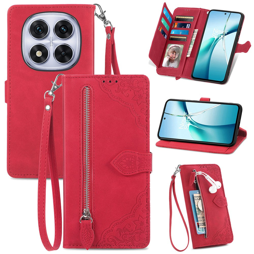 For Xiaomi Poco M8 Pro 5G / Redmi Note 15 Pro+ 5G (Global) Zipper Wallet Case with Strap Flower Imprint PU Leather Phone Cover
