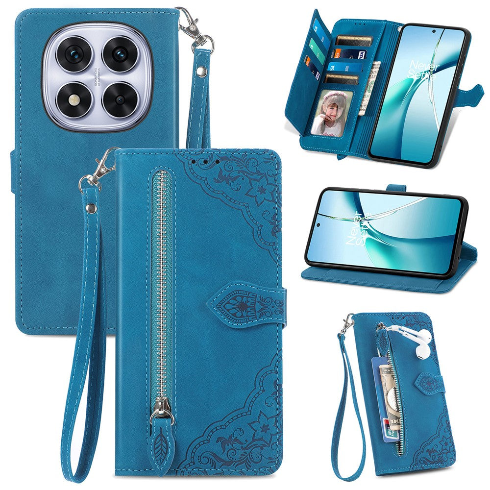 For Xiaomi Poco M8 Pro 5G / Redmi Note 15 Pro+ 5G (Global) Zipper Wallet Case with Strap Flower Imprint PU Leather Phone Cover