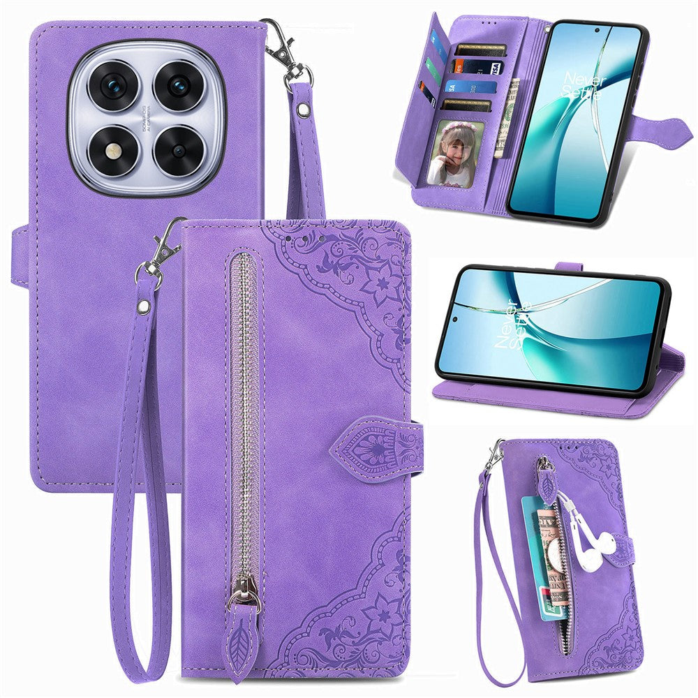For Xiaomi Poco M8 Pro 5G / Redmi Note 15 Pro+ 5G (Global) Zipper Wallet Case with Strap Flower Imprint PU Leather Phone Cover