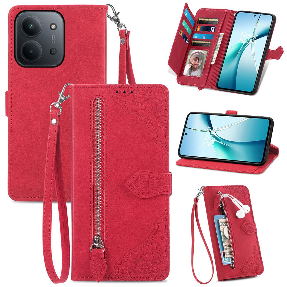 For Xiaomi Redmi 15C 4G (Global) (171mm)  /  Poco C85 4G (171mm) Zipper Wallet Case with Strap Flower Imprint PU Leather Phone Cover